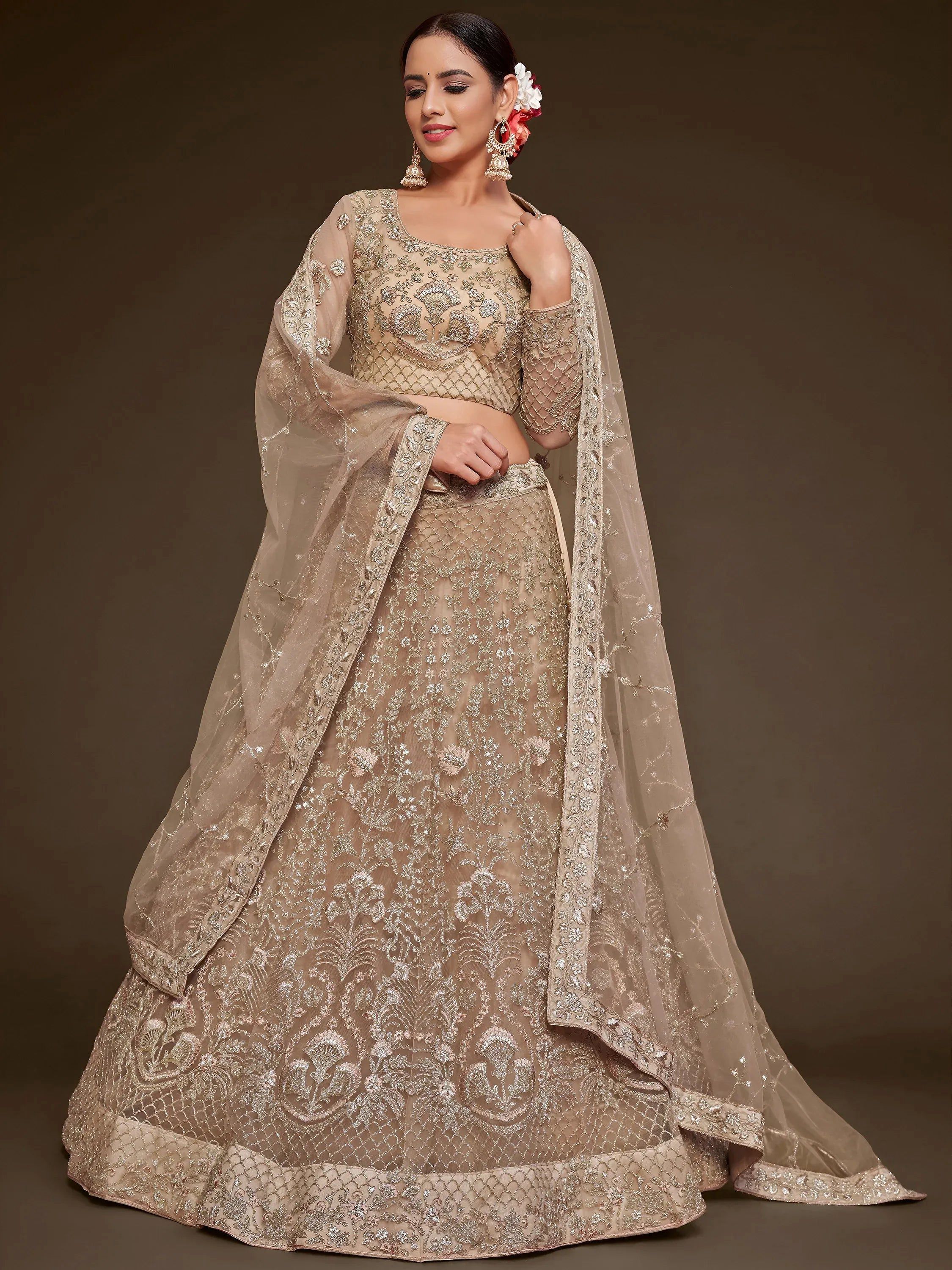 Tulsi Art Gorgeous Beige Embroidered Soft Net Occasion Wear Lehenga Choli - Dista