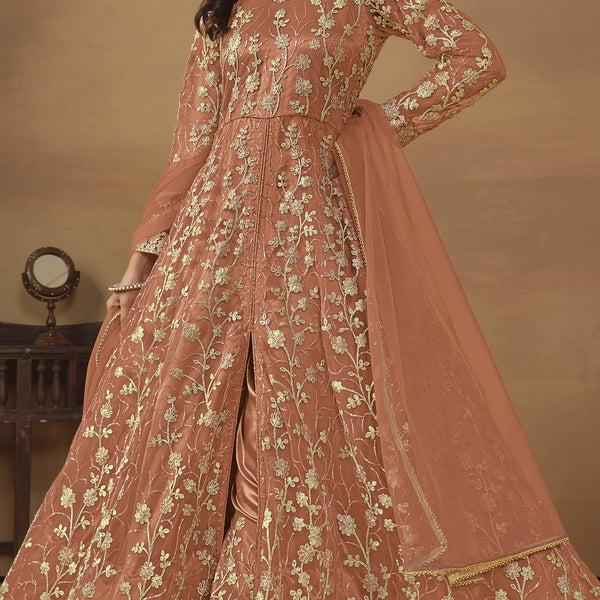 Anaita Orange Embroidered Butterfly Net Anarkali Suit - Distacart