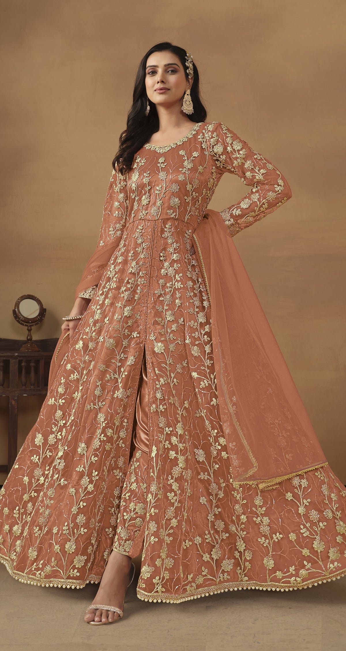 Anaita Orange Embroidered Butterfly Net Anarkali Suit