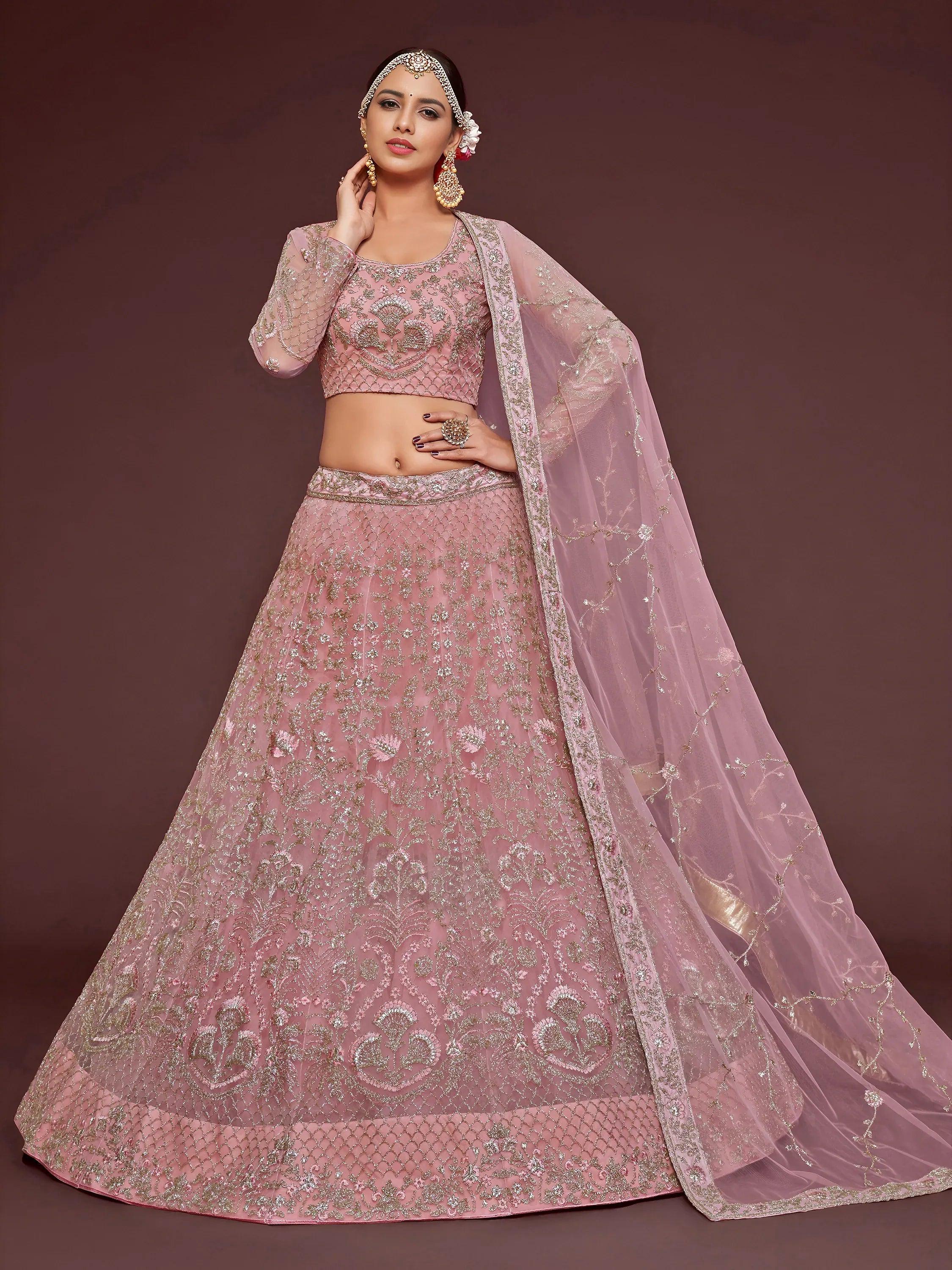 Tulsi Art Enchanting Light Pink Embroidered Soft Net Wedding Wear Lehenga Choli - Dista