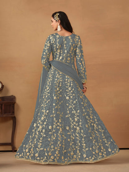 Anaita Grey Embroidered Butterfly Net Anarkali Suit - Distacart