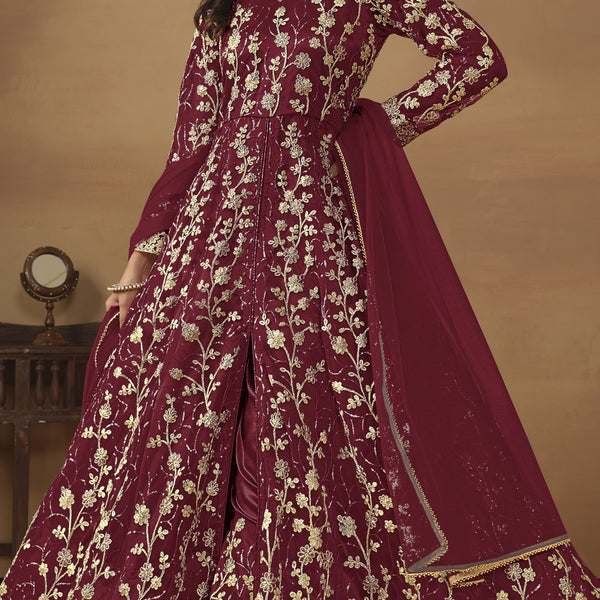 Anaita Wine Embroidered Butterfly Net Anarkali Suit - Distacart