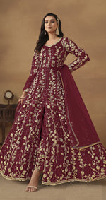 Thumbnail for Anaita Wine Embroidered Butterfly Net Anarkali Suit - Distacart