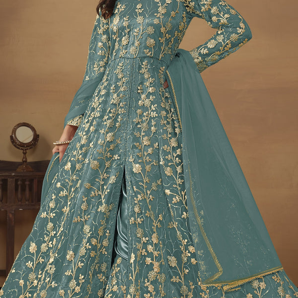 Anaita Sky Blue Embroidered Butterfly Net Anarkali Suit - Distacart