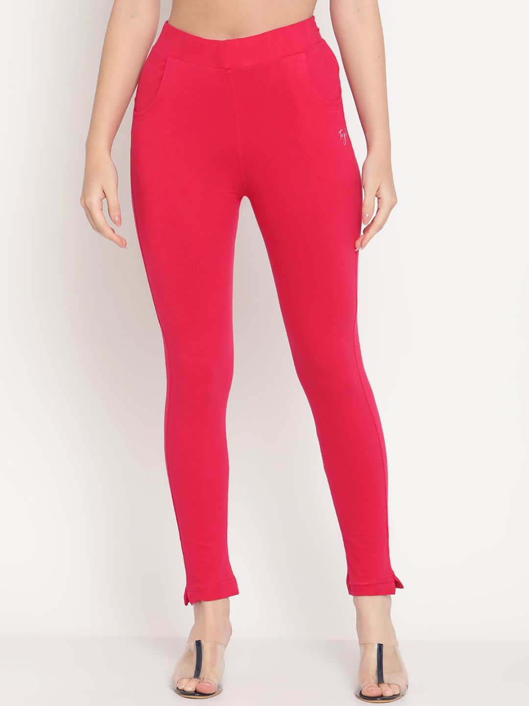 TAG 7 Women Pack Of 2 Olive and Pink Solid Comfort Fit Ankle-Length Leggings - Distacart