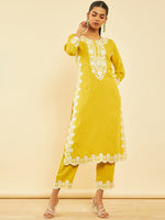 Thumbnail for Soch Floral Embroidered Regular Thread Work Kurta with Trousers - Distacart