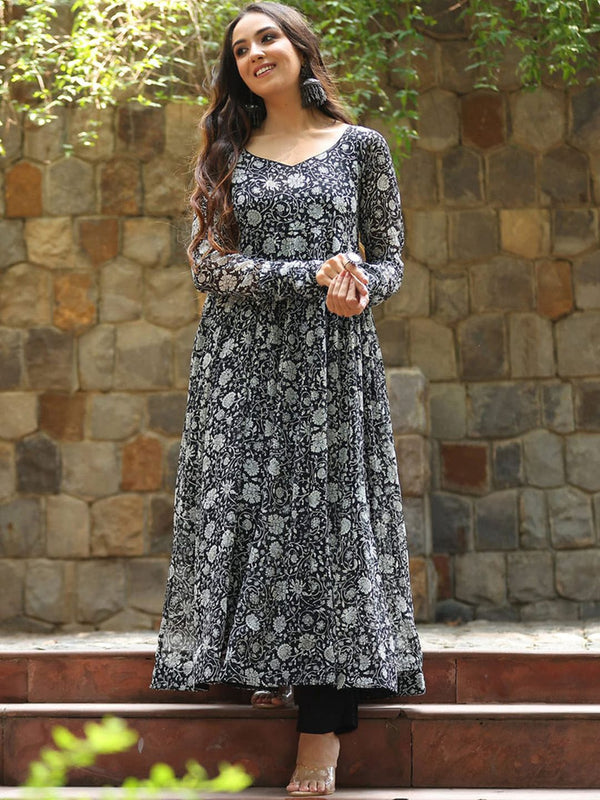 Kalini Floral Printed V-Neck Anarkali Georgette Kurta - Distacart