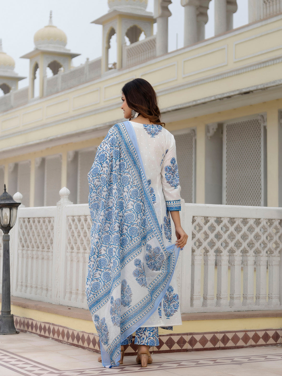 Kalini Floral Yoke Design V-Neck Panelled Cotton Anarkali Kurta With Trousers & Dupatta - Distacart