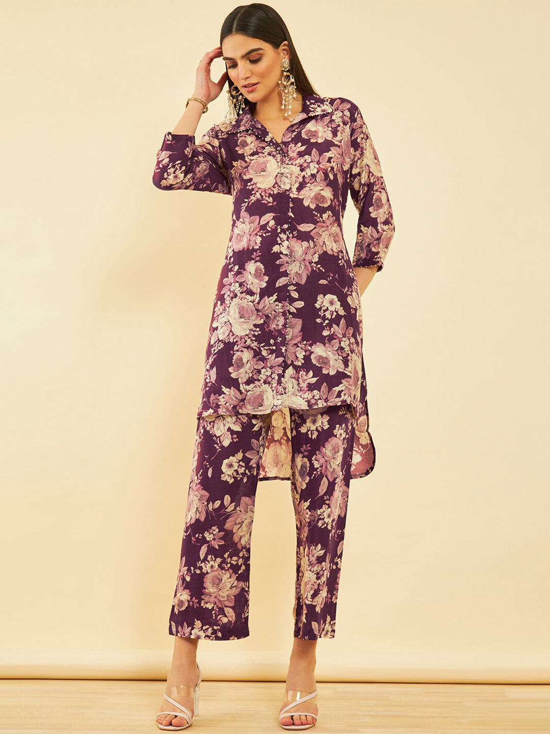 Soch Floral Printed High-Low Regular Kurta with Trousers - Distacart