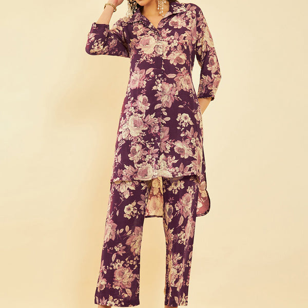 Soch Floral Printed High-Low Regular Kurta with Trousers - Distacart