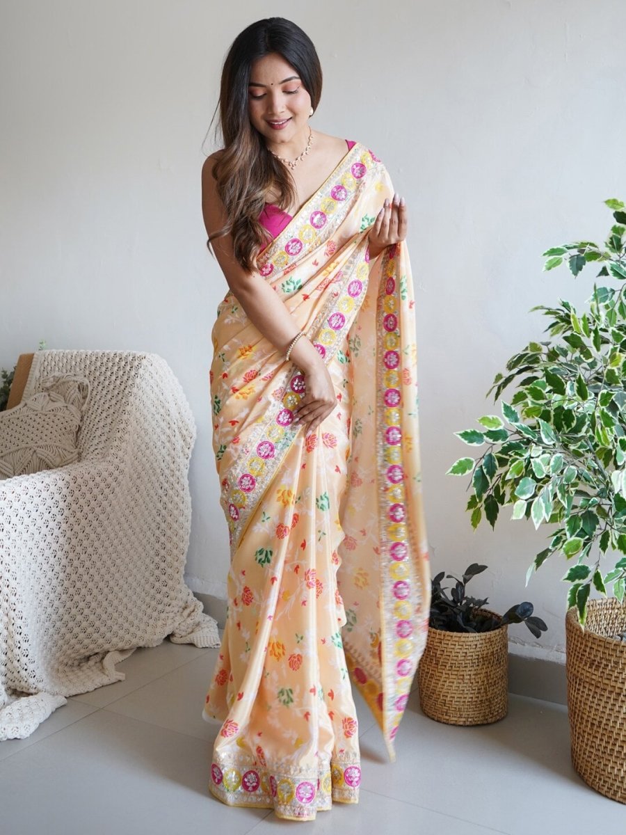 Anouk Yellow Floral Printed Sequinned Detailed Saree - Distacart