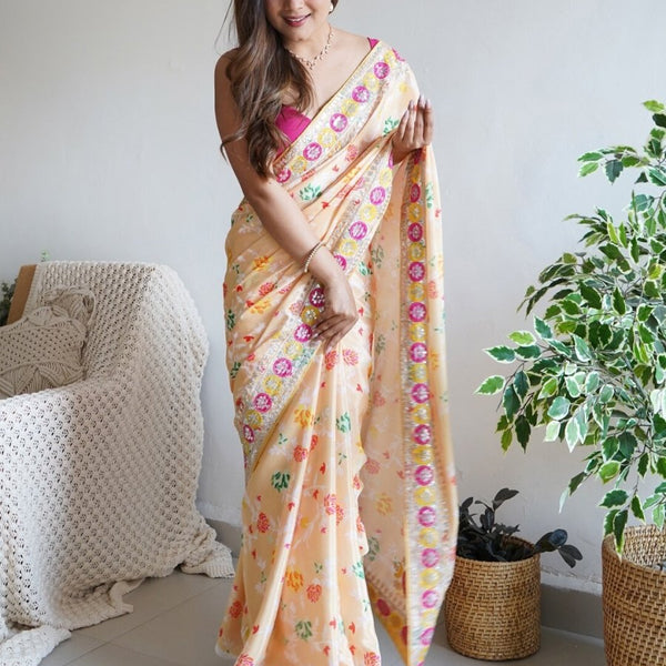Anouk Yellow Floral Printed Sequinned Detailed Saree - Distacart