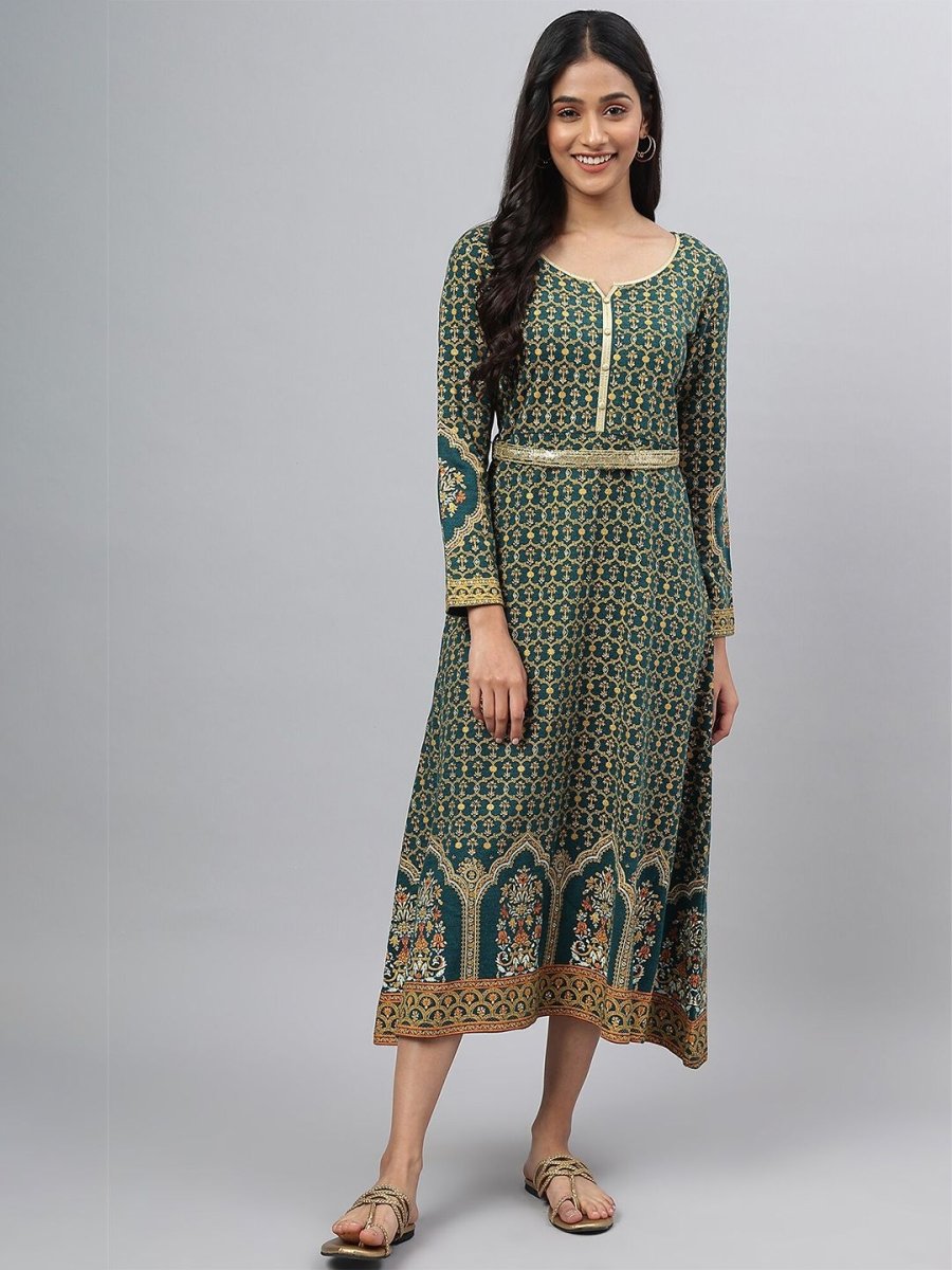 AURELIA Green Ethnic Motifs Ethnic A-Line Midi Dress - Distacart