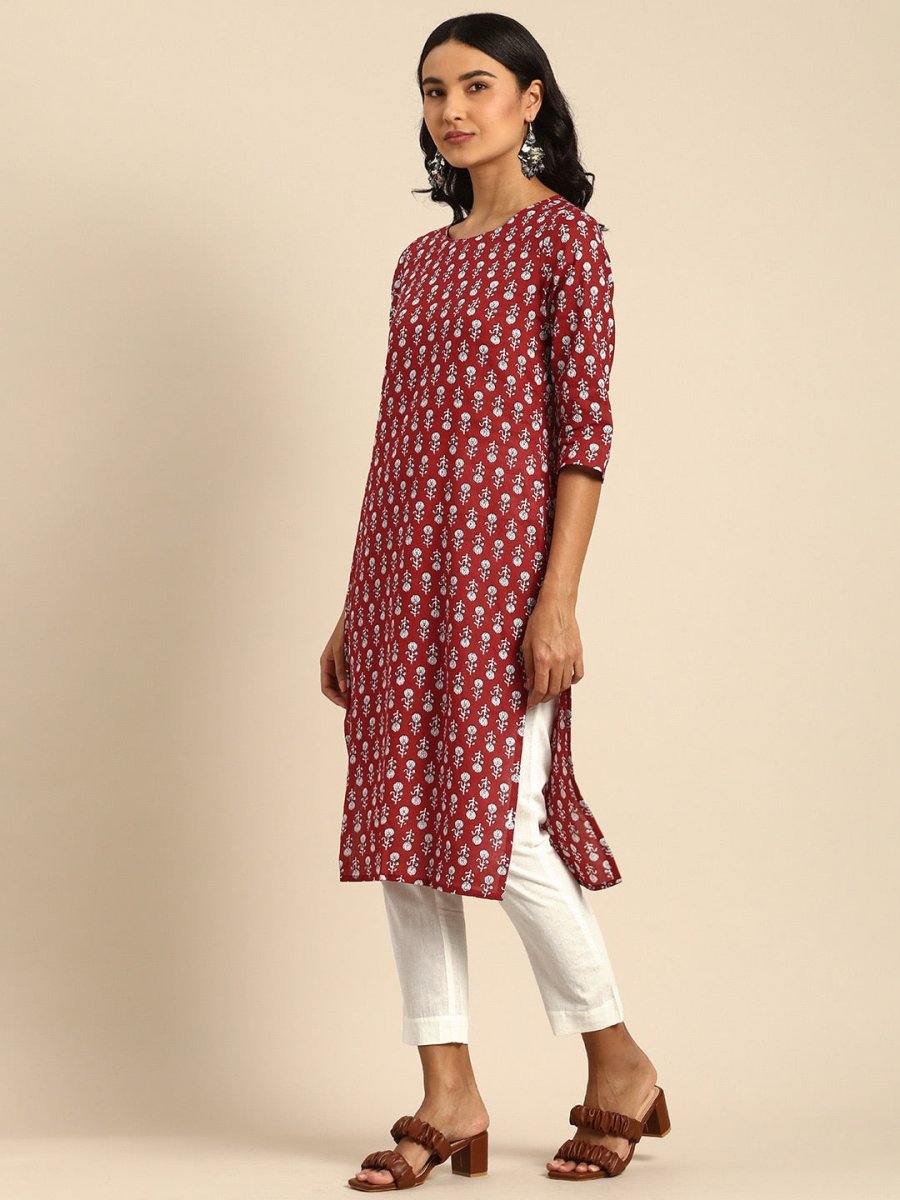 All About You Women Maroon Printed Pure Cotton Kurta with Trousers - Distacart