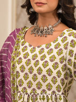 Thumbnail for Vishudh White Floral Printed Pleated Pure Cotton Kurta with Trouser & Dupatta