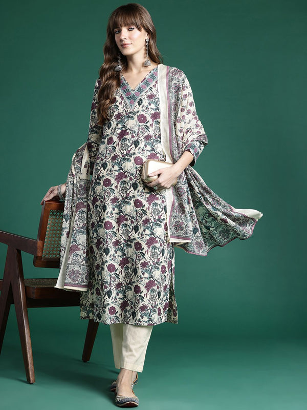 Indo Era Floral Printed Regular Pure Cotton Kurta with Trousers & Dupatta