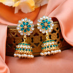 Thumbnail for Estele Gold-Polished Traditional Flower Designer Meenakari Jhumka Earrings With Green & White Crystals for Women - Distacart
