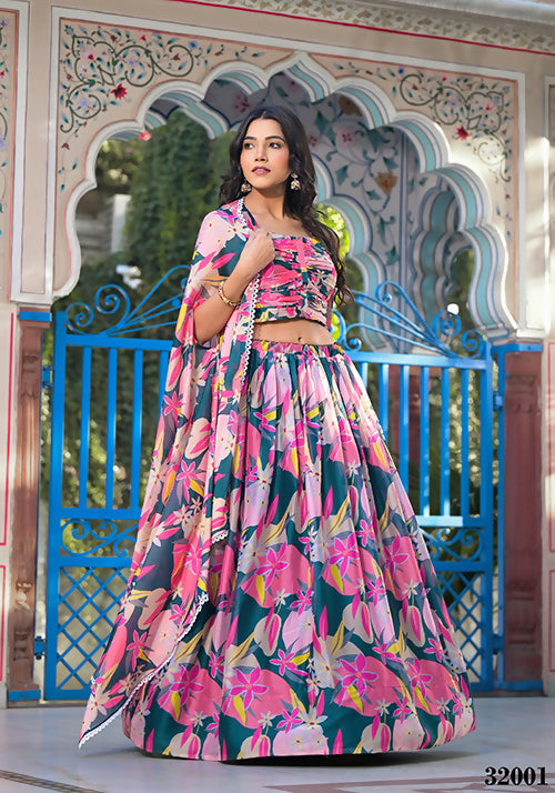Wedding Partywear Green with Pink Slim Georgette Lehenga Choli with Shrug- Shehnaaz - Distacart