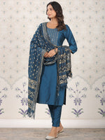 Thumbnail for Ode by House of Pataudi Ethnic Motifs Woven Design Straight Kurta With Trousers & Dupatta - Distacart