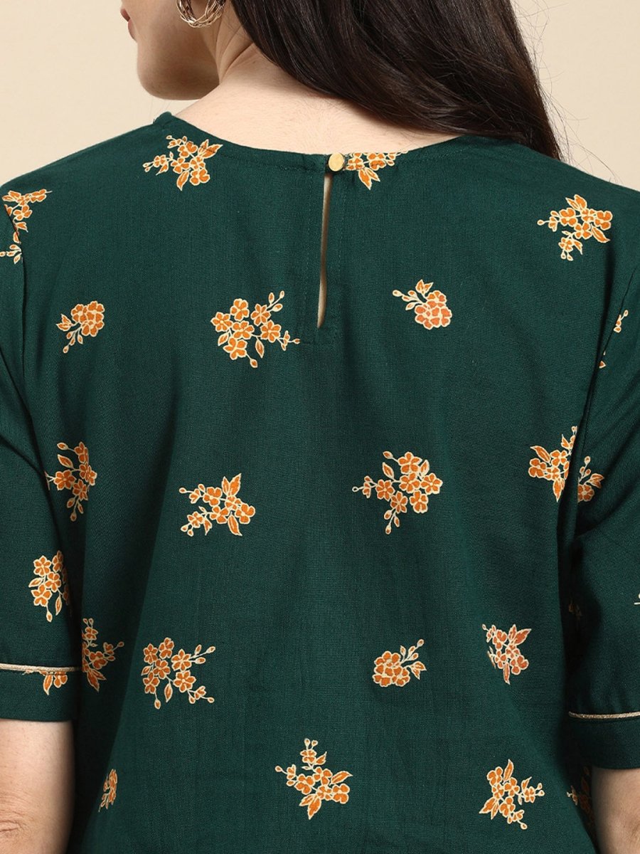 All About You Women Green & Brown Floral Printed Regular Pure Cotton Kurta with Trousers - Distacart