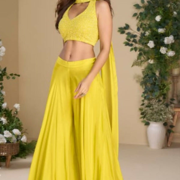 Anaita Yellow Heavy Chinon Stitched 3 Piece Set With Sequence & Mirror Work