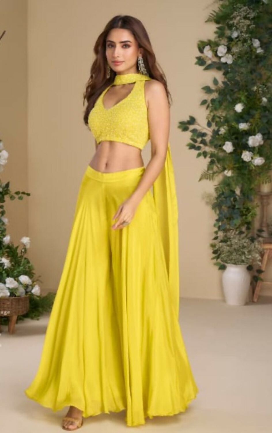 Anaita Yellow Heavy Chinon Stitched 3 Piece Set With Sequence & Mirror Work