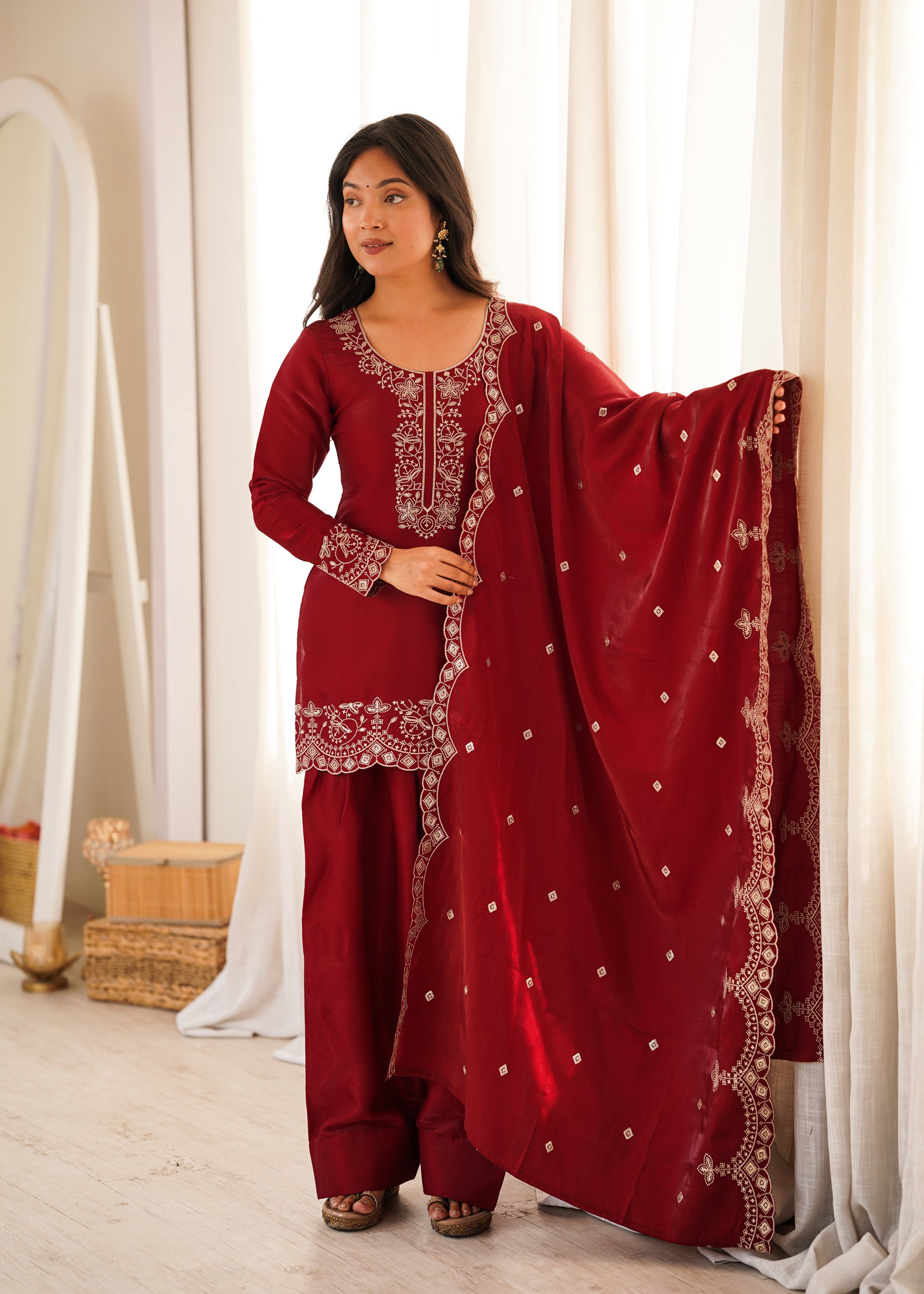 Lorenvalley Fashion Maroon Glass Roman Silk with Embroidery Sequence and Jari Work Kurta Farshi Salwar with Dupatta - Dista