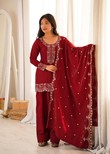 Lorenvalley Fashion Maroon Glass Roman Silk with Embroidery Sequence and Jari Work Kurta Farshi Salwar with Dupatta - Dista