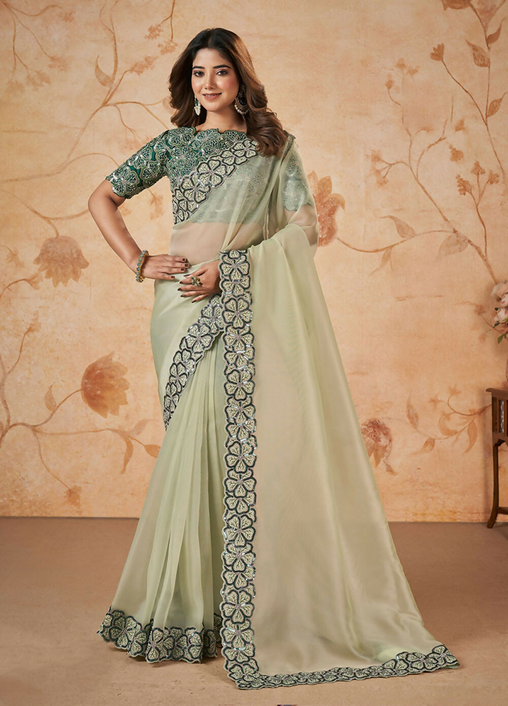 Light Green Net Organza Georgette Thread, Sequence, Cord Embroidered with Moti Work Saree - Mohmanthan Dakshika - Distacart
