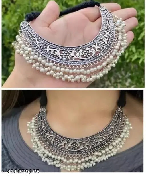 Tehzeeb Creations Women's Silver Colour Oxidised Necklace With White Pearl - Distacart