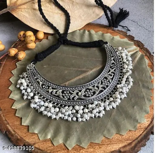 Tehzeeb Creations Women's Silver Colour Oxidised Necklace With White Pearl - Distacart