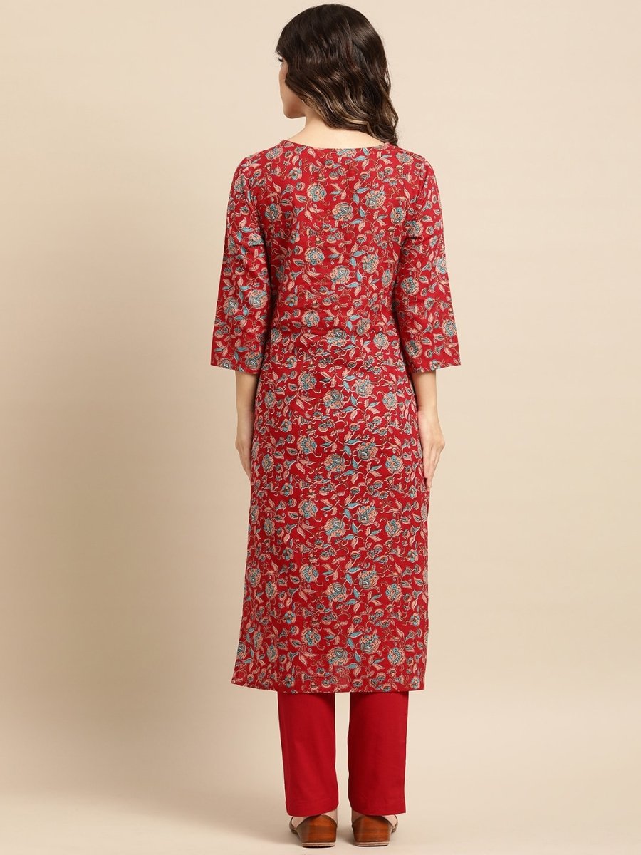 All About You Women Red Floral Printed Pure Cotton Kurta with Trousers - Distacart