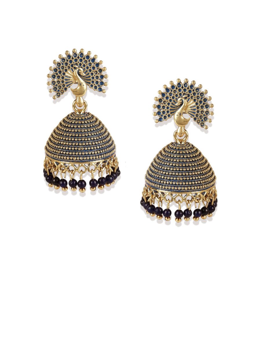 Anikas Creation Gold Plated & Blue Enamelled Peacock Shaped Jhumkas - Distacart