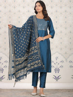 Thumbnail for Ode by House of Pataudi Ethnic Motifs Woven Design Straight Kurta With Trousers & Dupatta - Distacart