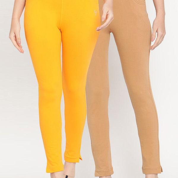 TAG 7 Set Of 2 Yellow & Beige Solid Leggings - Distacart