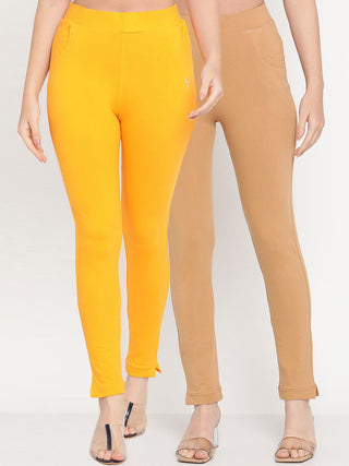 TAG 7 Set Of 2 Yellow & Beige Solid Leggings - Distacart