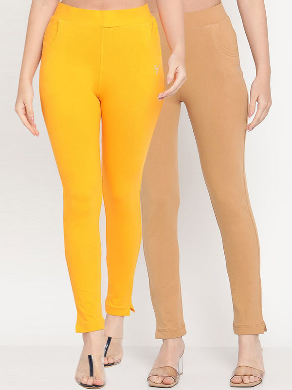 TAG 7 Set Of 2 Yellow & Beige Solid Leggings - Distacart