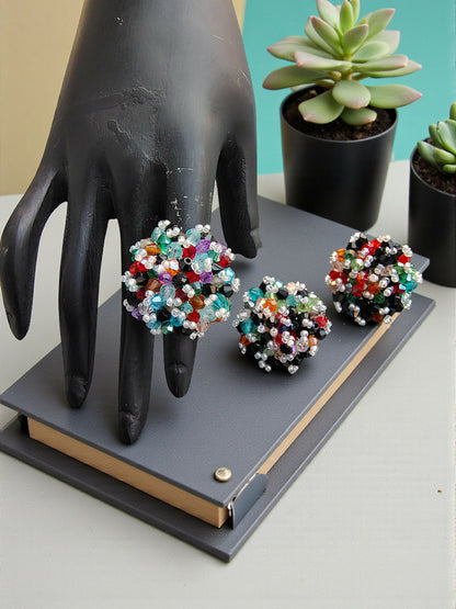 Inhanns Rangmani Crystal Duo – Adjustable Ring + Statement Earrings Set - Multicolor 1 - Distacart