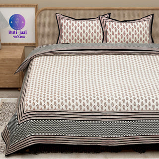 Brown Handblock Printed Cotton 200TC King Bedsheet With 2 Zipper Pillow Covers - King Size by House of Ree - Distacart