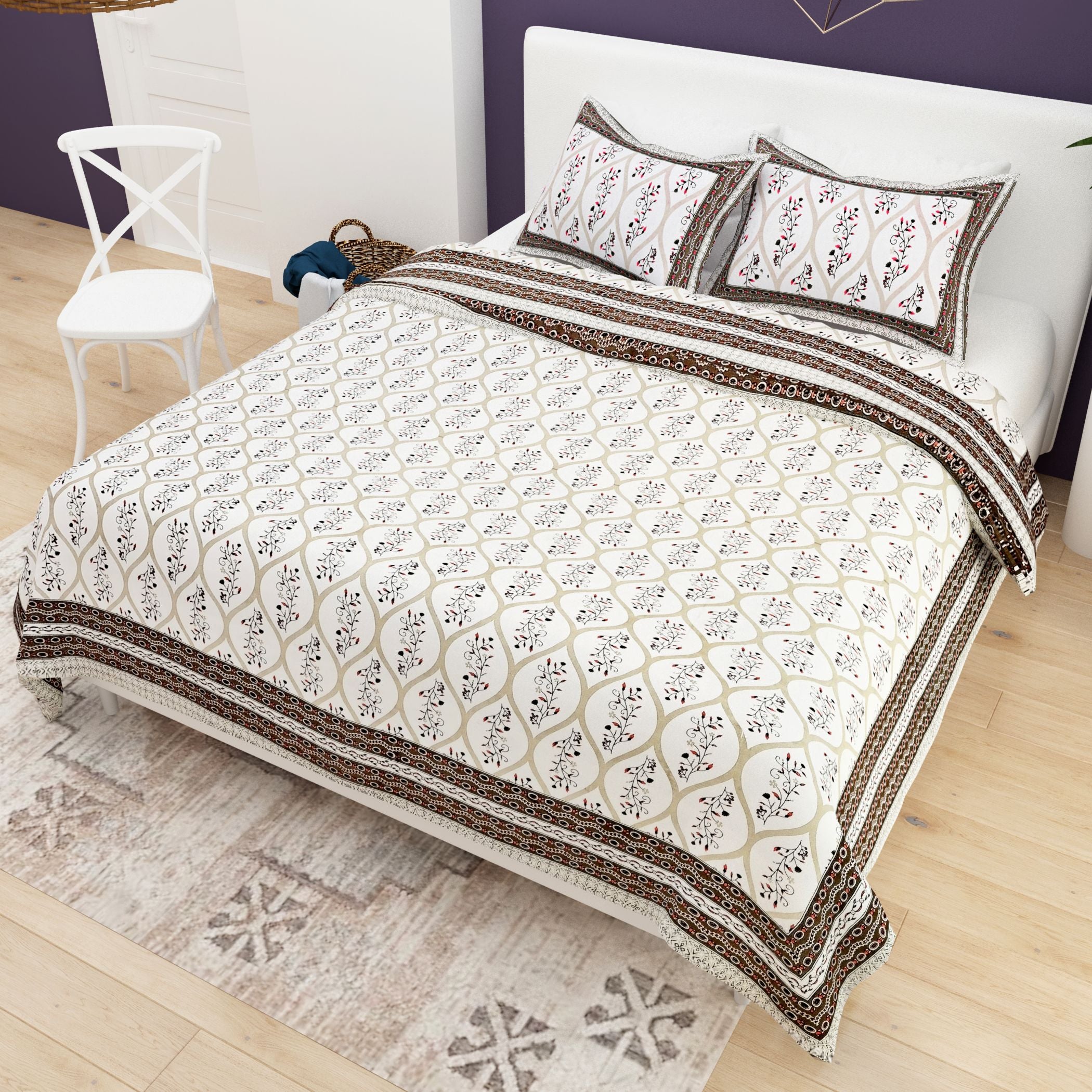 Purple White Ethnic Motifs Cotton 200TC King Bedsheet With 2 Zipper Pillow Covers - King Size by House of Ree - Distacart