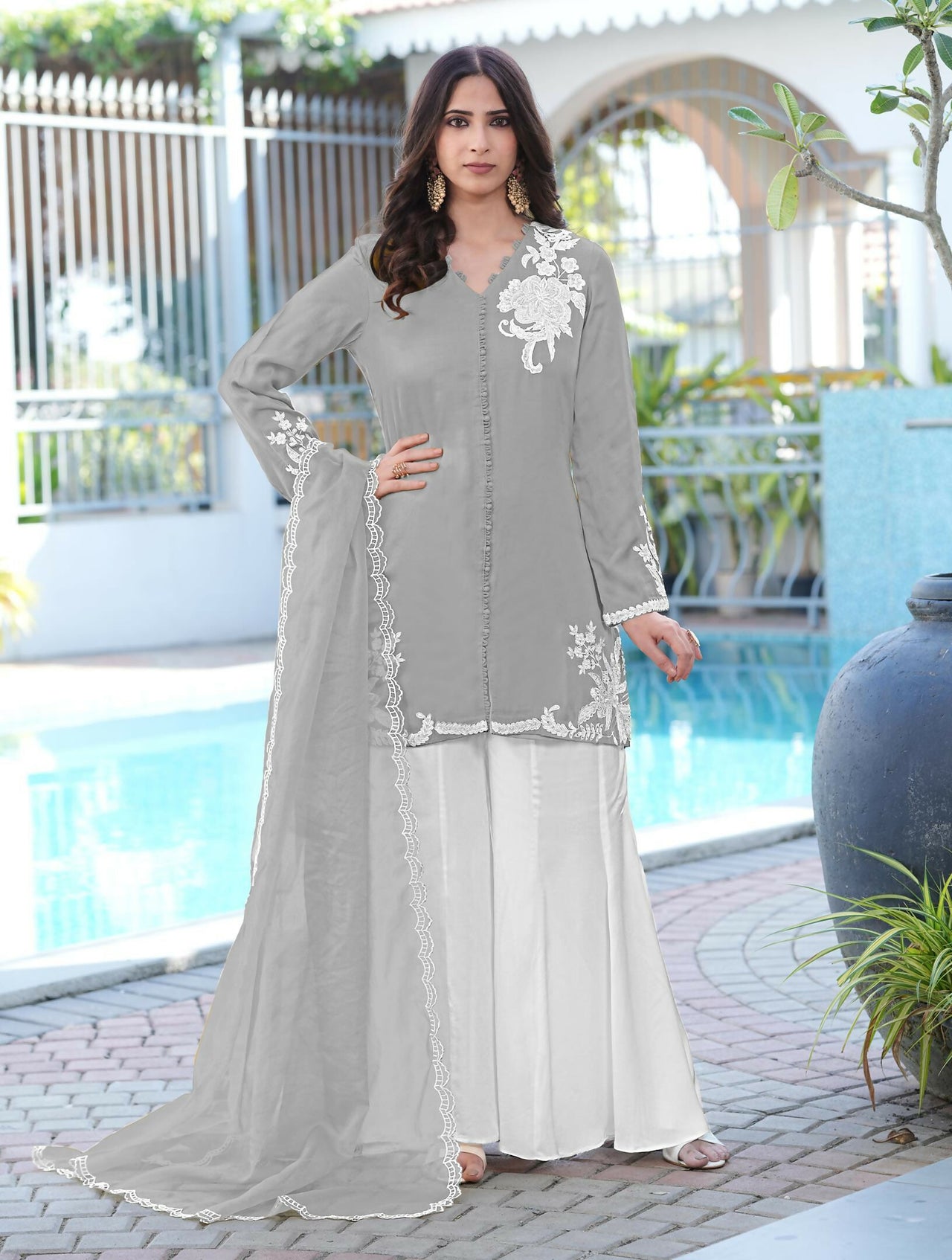 Nikhaar Grey Embroidered Modal Silk Stitched Straight Cut Kurta Kalidar Palazzo Dupatta Readymade Suit - Dista