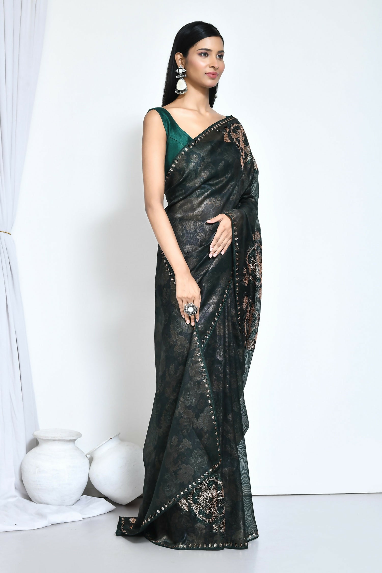 Green Satin Silk Foil Print Festive Saree - Nimaya Denzy - Distacart