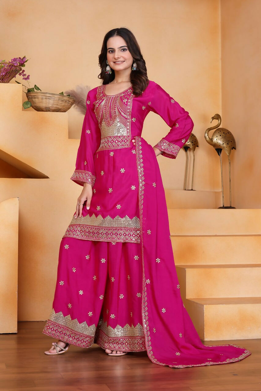 Joban Fashion Pink Silk Embroidered Sharara Set - Distacart
