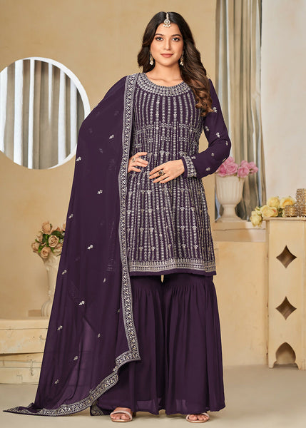 Faux Georgette Purple Embroidered Gharara Style Suit - Emponline - Distacart