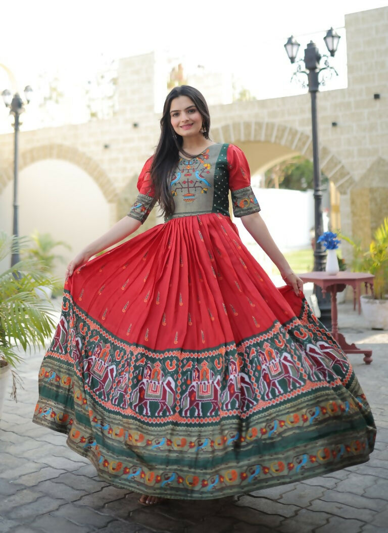 Jyoti Fashion Women's Red Patola with Foil Print Dola Silk Anarkali Dress - Distacart