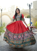Thumbnail for Jyoti Fashion Women's Red Patola with Foil Print Dola Silk Anarkali Dress - Distacart