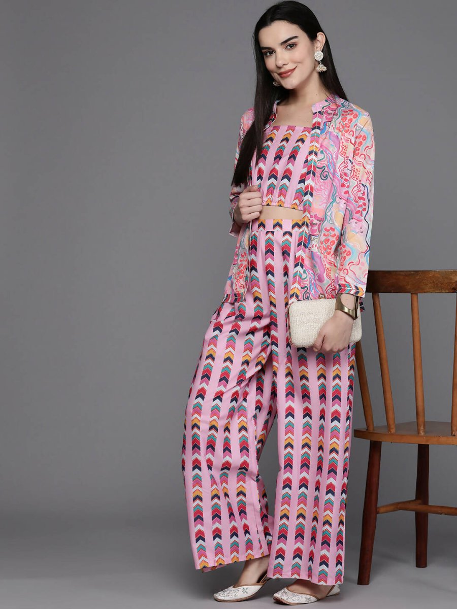 Ahalyaa Women Printed Crop Top with Palazzos & Jacket - Multi Color - Distacart