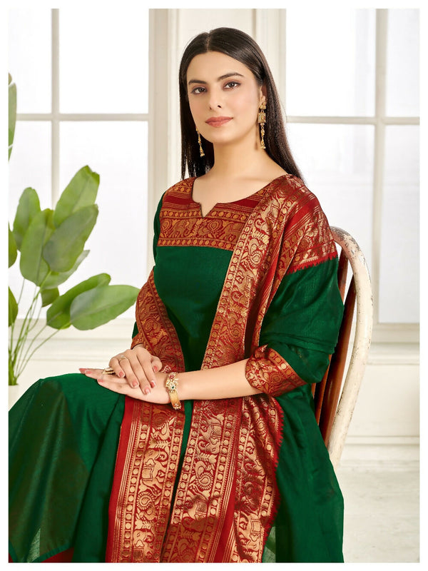 Divine Drape Women's Cotton Printed Straight Kurta With Dupatta - Green