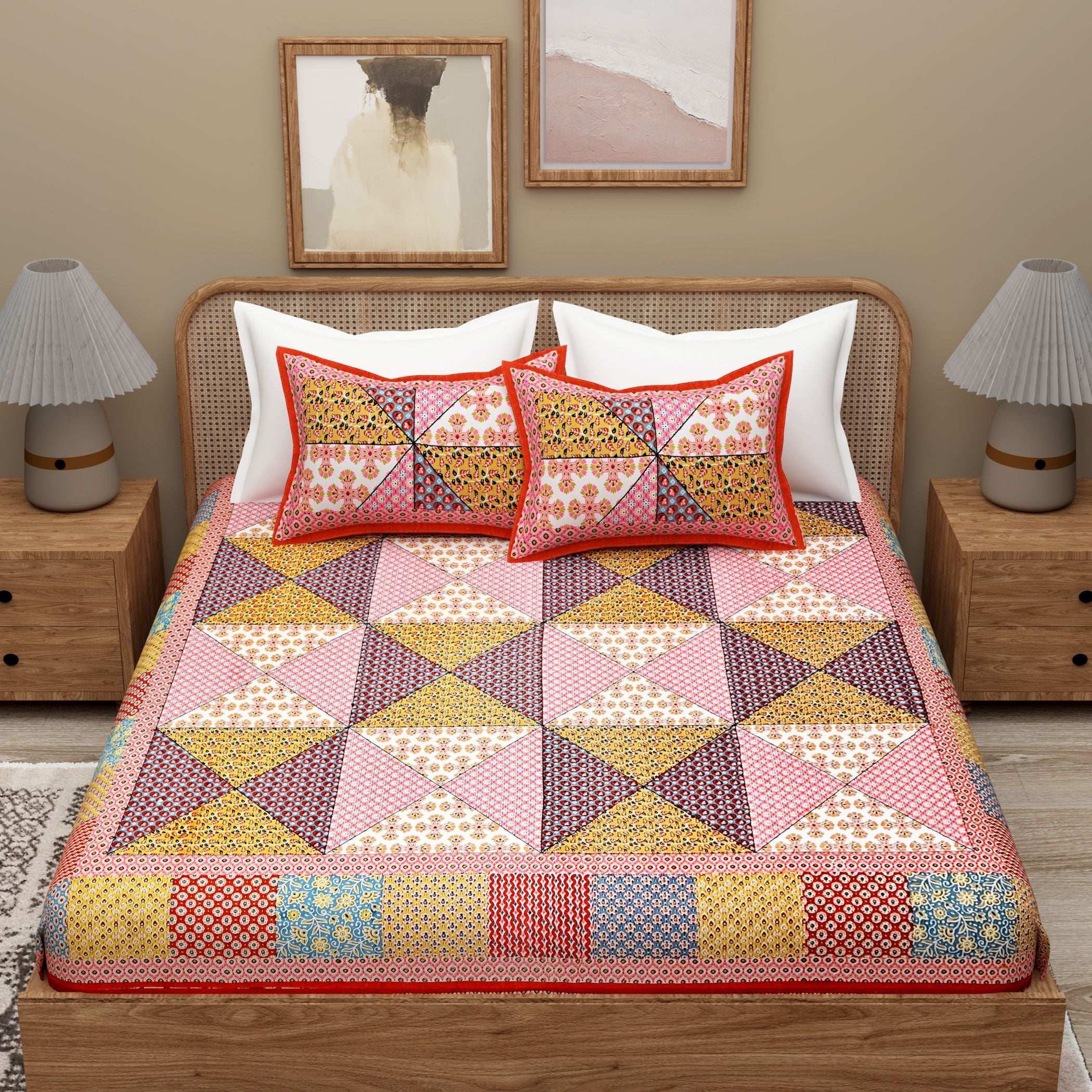 Red Ethnic Motifs Cotton 300TC King Bedsheet With 2 Zipper Pillow Covers - Super King Size by House of Ree - Distacart