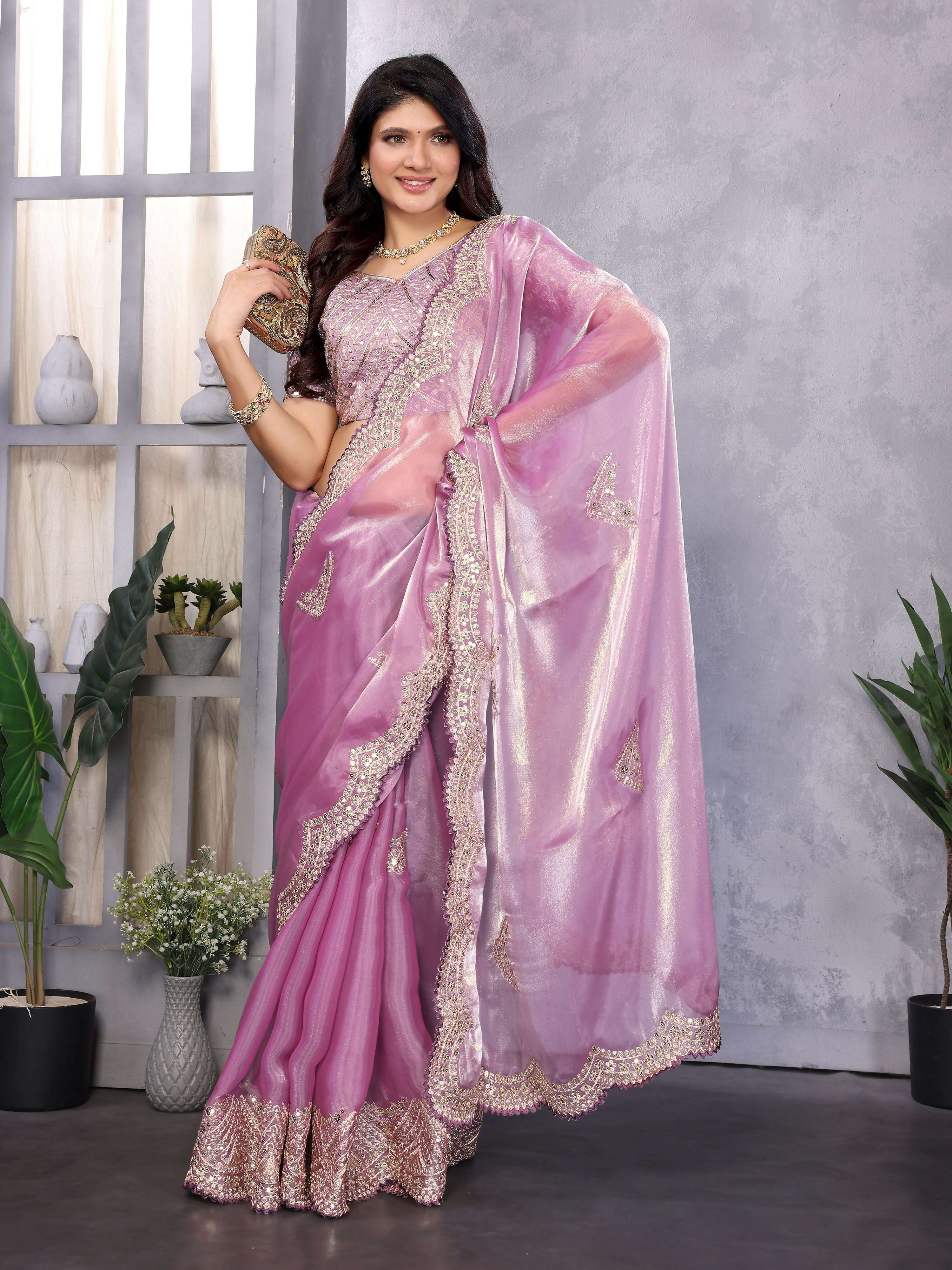 Vastranavya Lavender Embroidery Work Shimmer Chiffon Saree with Unstitched Blouse